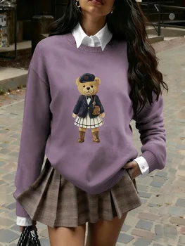 Women's Preppy Teddy Bear Print Sweater, Crew Neck Knit Pullover for Fall Winter (Only the Top Is Sold Separately) 5