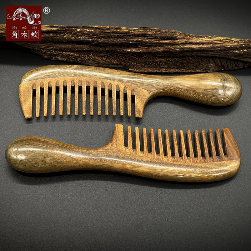 Green sandalwood comb with wooden handle, large-toothed comb, wide-toothed comb, massage hair comb, curling hair comb