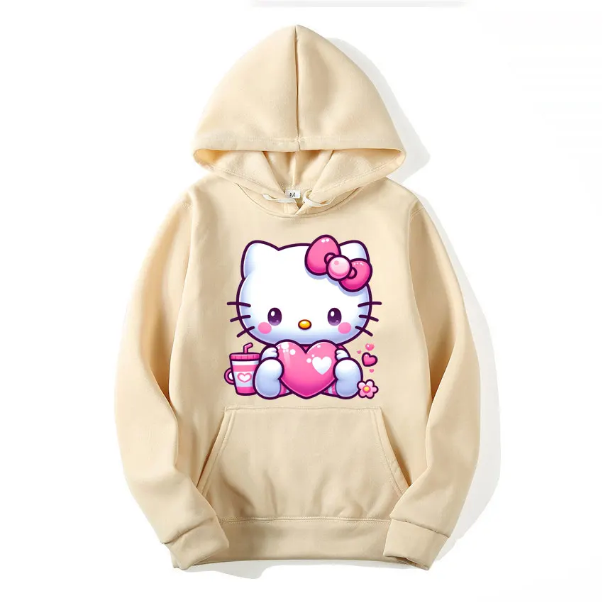 2024 New Fashion Women Hoodie Hello Kitty Heart Cartoon Anime Men Pullover Spring Autumn Pink Couple Sweatshirt Clothes Tops