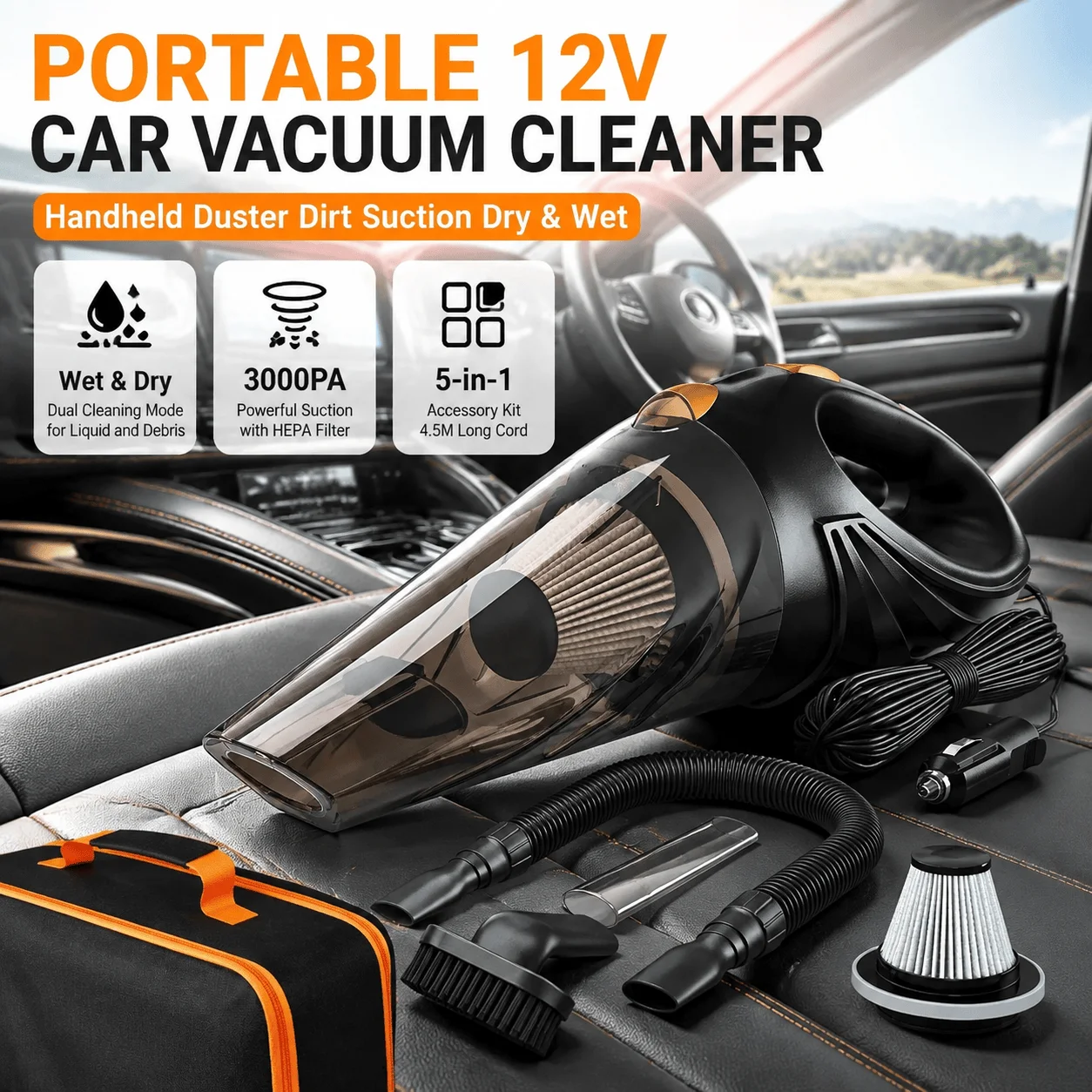 Car Vacuum Cleaner 12V Portable Wet Dry Handheld Auto Interior Detailing 3000PA High Power Suction HEPA Filter 5 In 1 Kit 4.5M