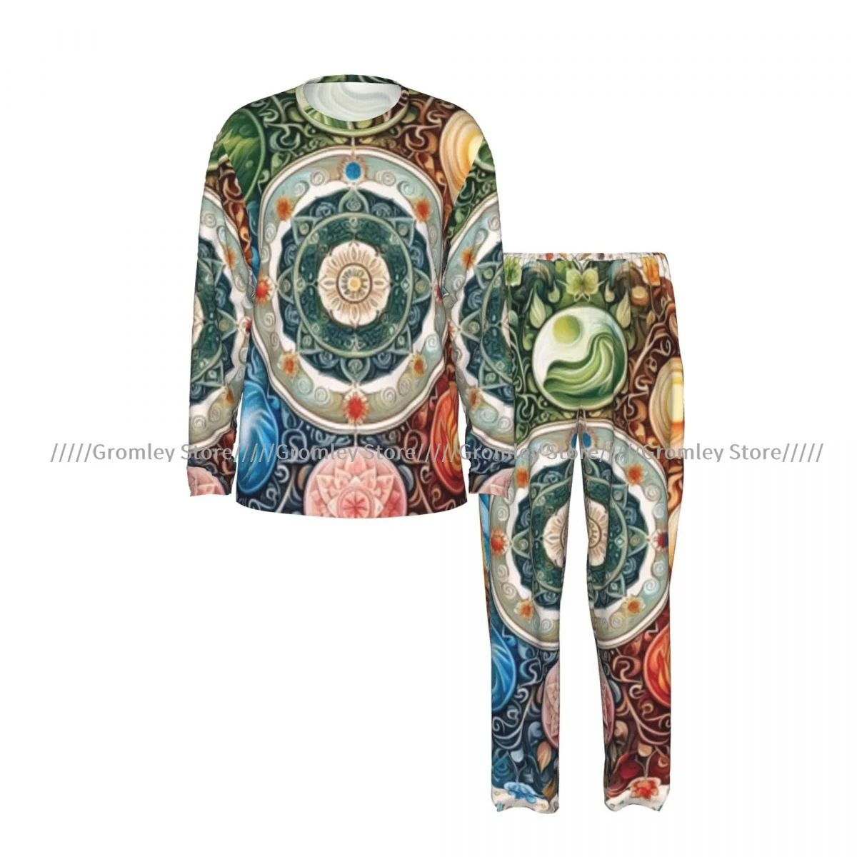 Men's Pajama Set Long Sleeve and Long Pants Mandala Symbols Soft Sleepwear for Home