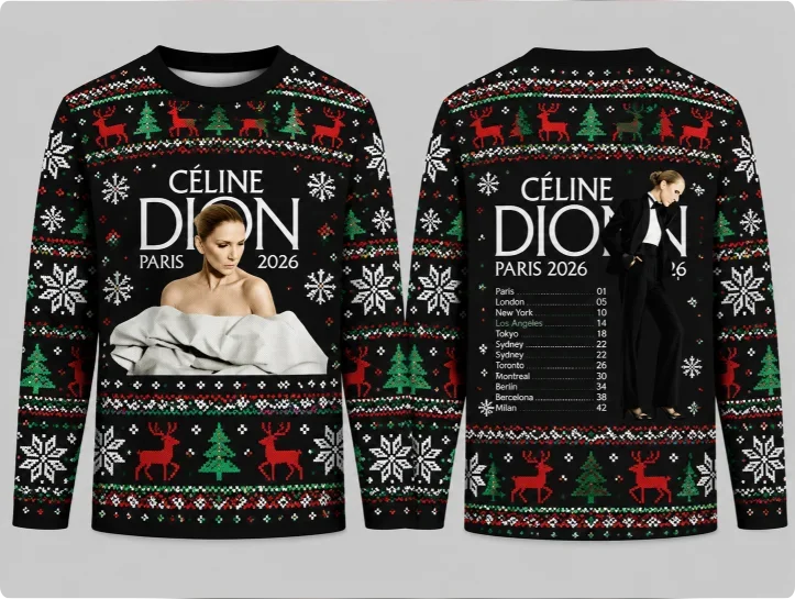 Celine Dion 2026 Tour Christmas Ugly Sweater Christmas Tree reindeer print long sleeved top