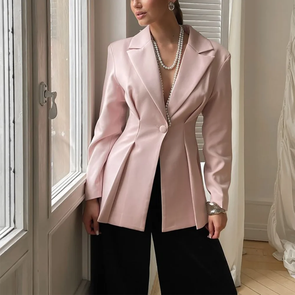 

Роскошный женский костюм из двух предметов контрастного цвета со складками на одной пуговице с остроконечными лацканами, прямой наряд, элегантная куртка высокого качества, брюки