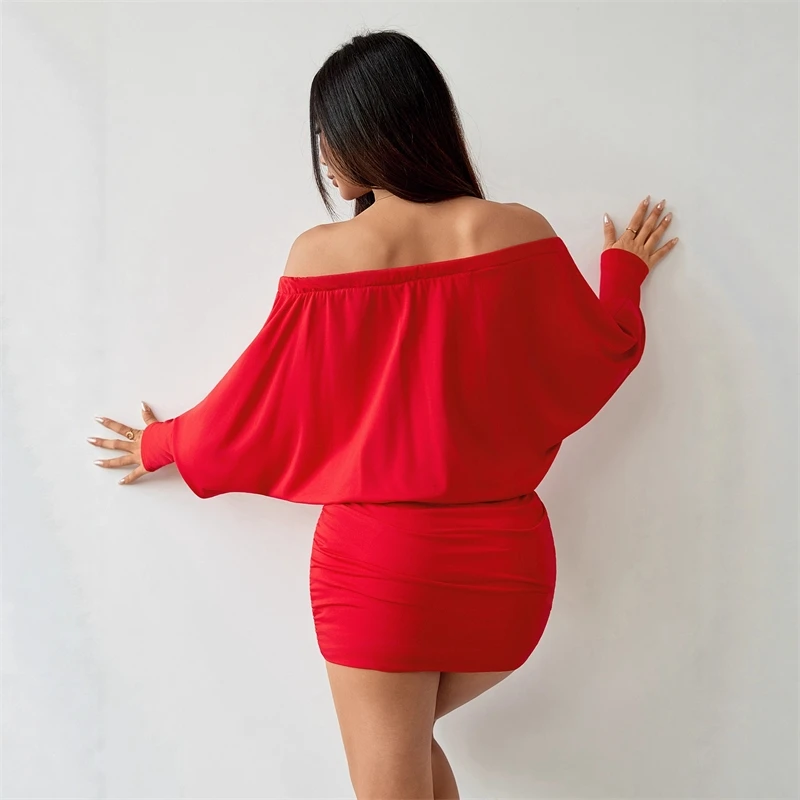 Herfst Winter Party Date Outfit Voor Vrouwen Verjaardagscadeau Schouder Sexy Bodycon Jurk Lange Mouw Effen Mini Elegant Chic