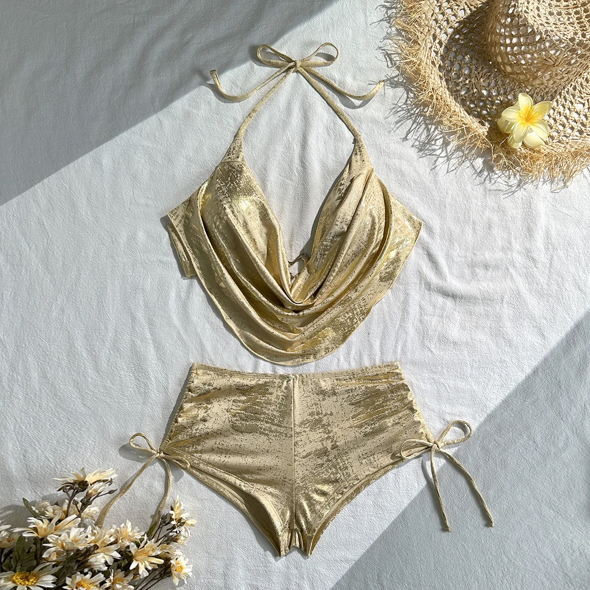 Sexy Gold Metallic Shorts Ring Bikinis Sets Two Piece Wave Vest Halter Tie Thong Swimsuits Bathing Suit Swimwear Biquini Tankini