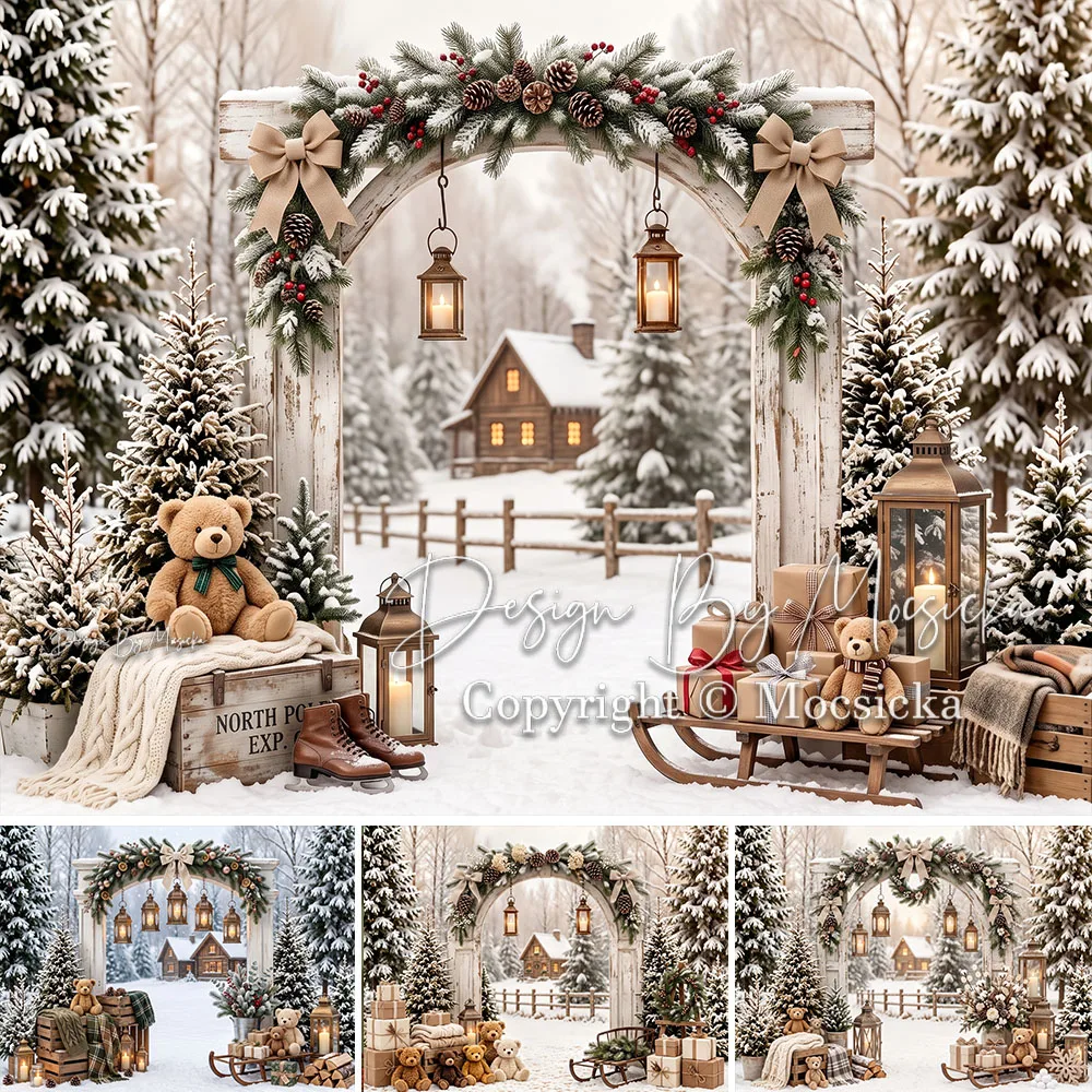 Mocsicka Toile de Fond pour Photographie de Noël, Arche Enneigée, Guirlande de Pin, Ours en Peluche, Traîneau, Cabane, Scène Lumineuse, Fond pour Studio Photo Enfant