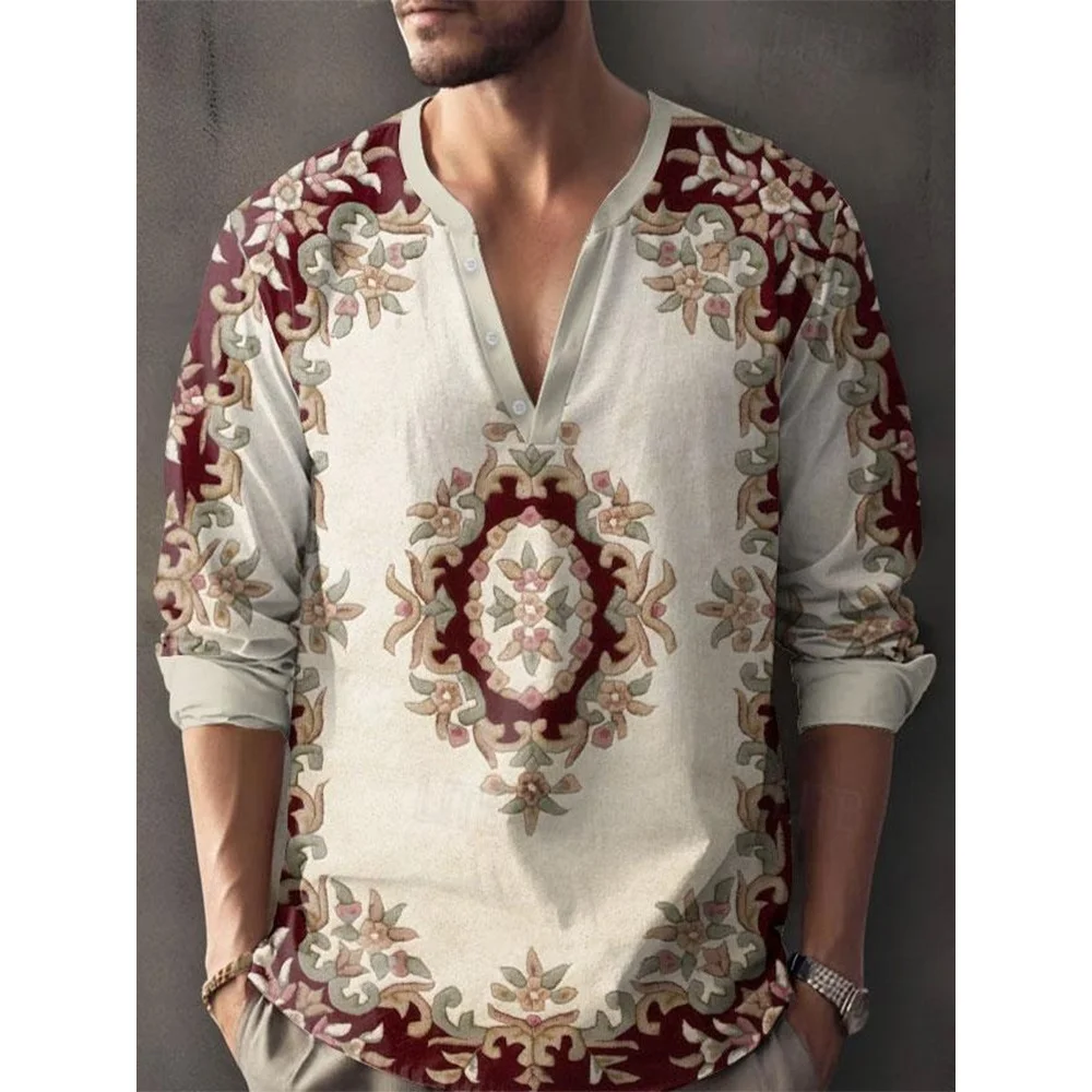 

Linen fashion shirt, ethnic style men's new loose casual long sleeved V-neck pullover, retro streetwear men's shirt