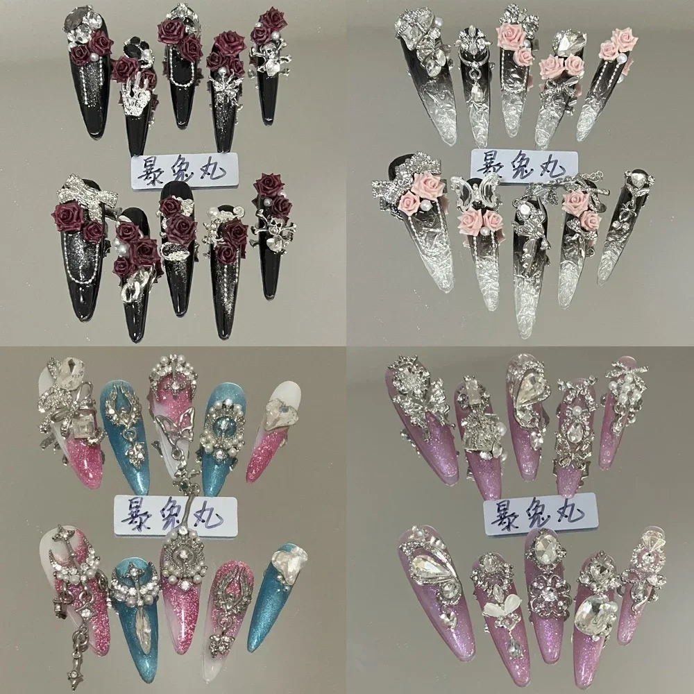 

Luxury Court Romantic Rose Handmade False Nails Love Heart Glitter Rhinestone Metal Chain Butterfly Detachable Press On Nails