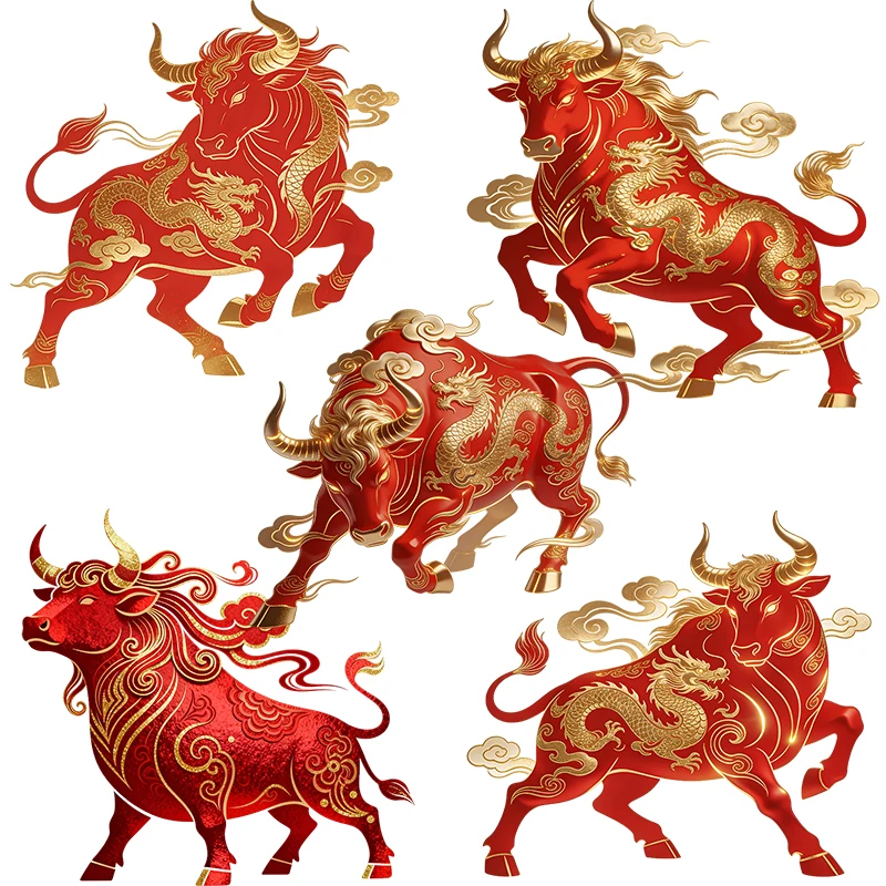 Three Ratels CEE48 Mighty red bullfighting with golden dragon pattern art wall stickers for home decoration Personalized car dec