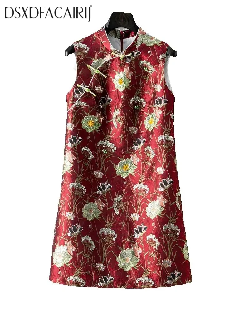 DSFACAIRIJ Beading Jacquard Dress For Women Stand Collar Sleeveless Chinese Style  Discoid Button Tank Dresses Summer Female