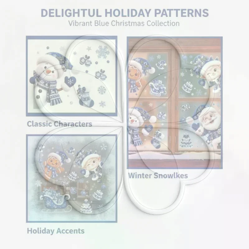 4Pcs Cute Blue Christmas Window Stickers Removable Santa Snowman Gingerbread Clings for Home Decor