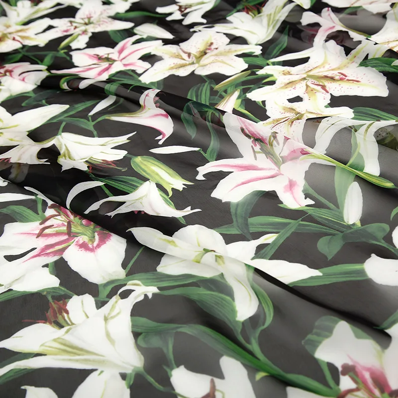 Spring and summer pink lily printed on chiffon clothing fabric textile material dress designer diy handmade light transparent