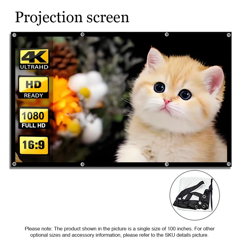 Simple outdoor wall-mounted white soft screen, ranging from 60 to 150 inches, suitable for home, outdoor, indoor, and camping