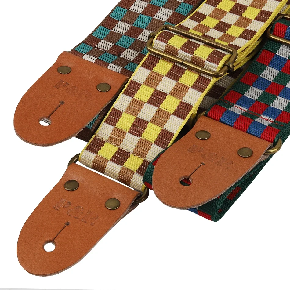 P&P Tartan Plaid Guitar Belt Strap Genuine Leather End for Acoustic Electric Folk Guitar Bass Strap