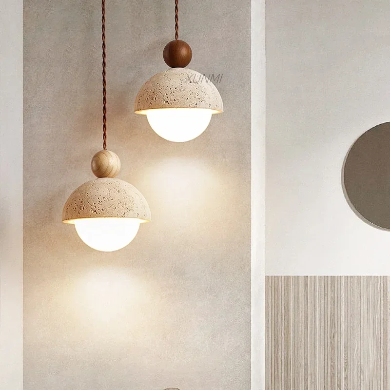 

Japanese Wabi-sabi Style Yellow Travertine Chandelier Creative Home Nordic Decoration Cream Style Bedside Small Pendant Lights