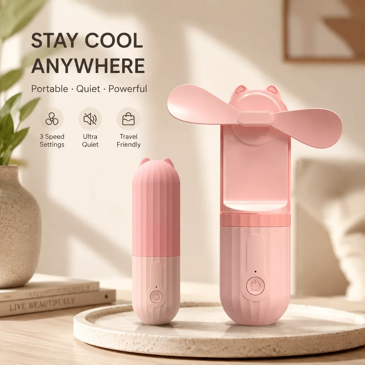 Outdoor Mini Fan Portable Silent Charging USB Fan Lighting Emergency Power Multi functional Pink Fan