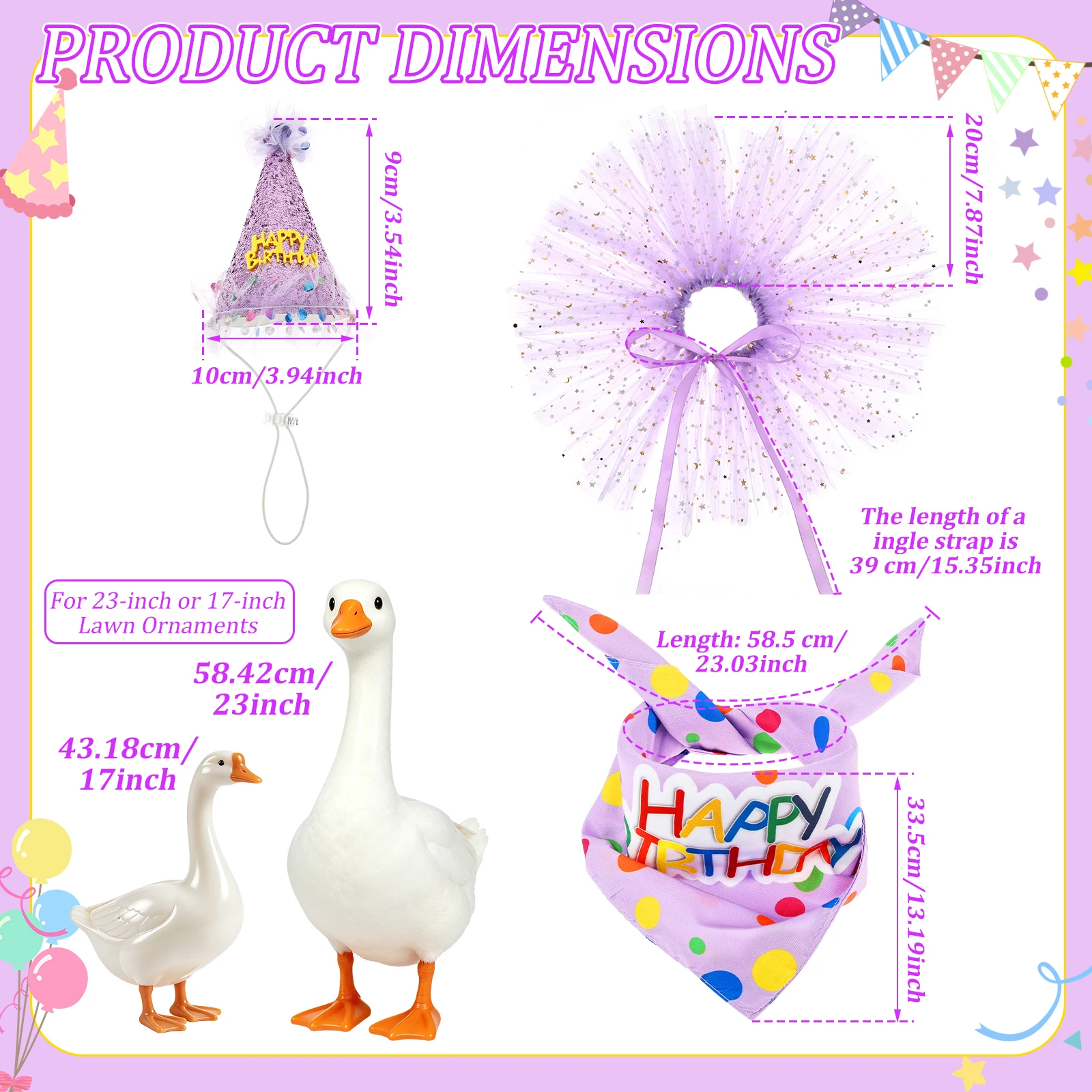Happy Birthday Porch Goose Clothes for 23inch/17inch Statues Reusable Birthday Yard Goose Costume Set Home Yard Statue Holiday