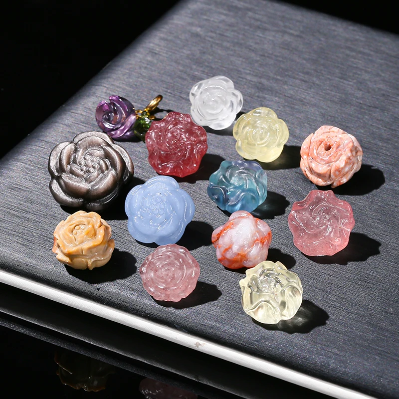 1 Pc Natural Stone Amethyst Obsidian Pink Quartz Carved Rose Flower Shape Bead For Jewelry Making Diy Necklace Bracelet Finding