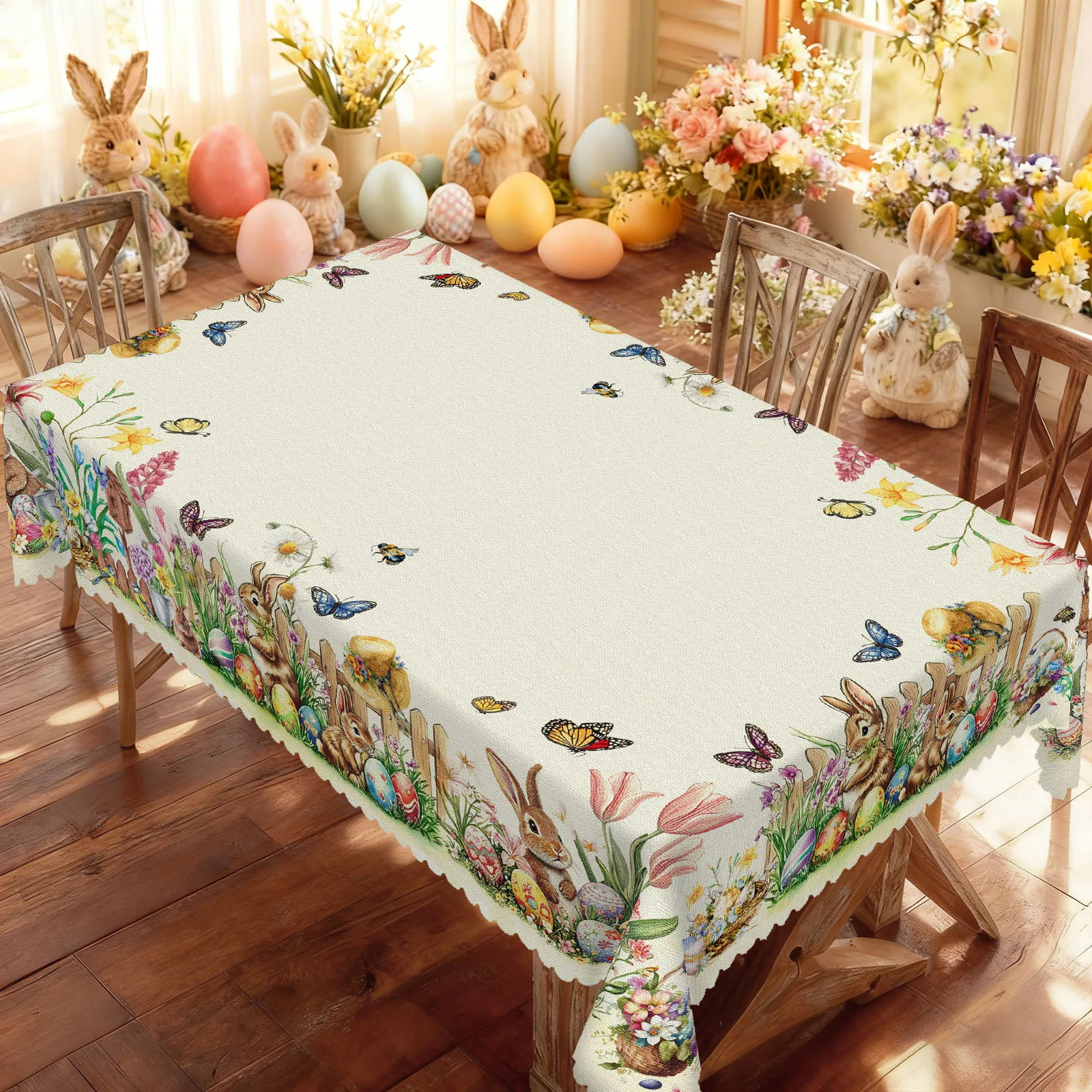 1 Easter Round Tablecloth, Available in 5 Sizes, Featuring a Soft and Cute Bunny Snuggling with Painted Eggs, a Bunny Friend Hugging a Nest among Fluttering Butterfly Wings and Flower Clusters, a Tulip Fence, and a Bamboo Basket Holding Spring Vegetables, Creating a Spring Pastoral Scene, with Embossed Edges, Easter Decoration, Suitable for Home Kitchens, Patio Dining Tables, Spring Gatherings, Easter Decoration Items