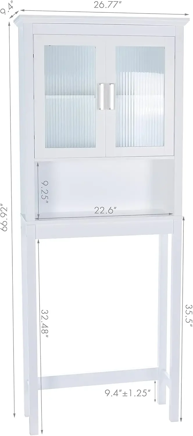 Over The Toilet Cabinet for Bathroom Storage, Above Toilet Storage Cabinet with Tempered Glass Doors, White