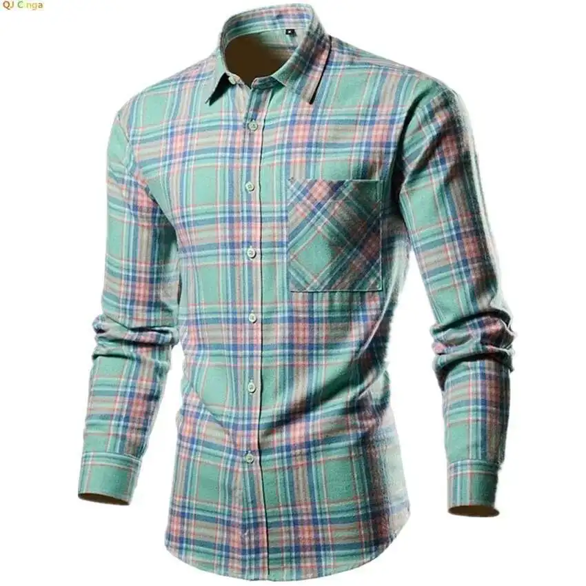 

Yellow Striped Shirts, Men's Long Sleeve Cotton Shirt, Fashion Casual Camisa Green Men Plaid Chemise