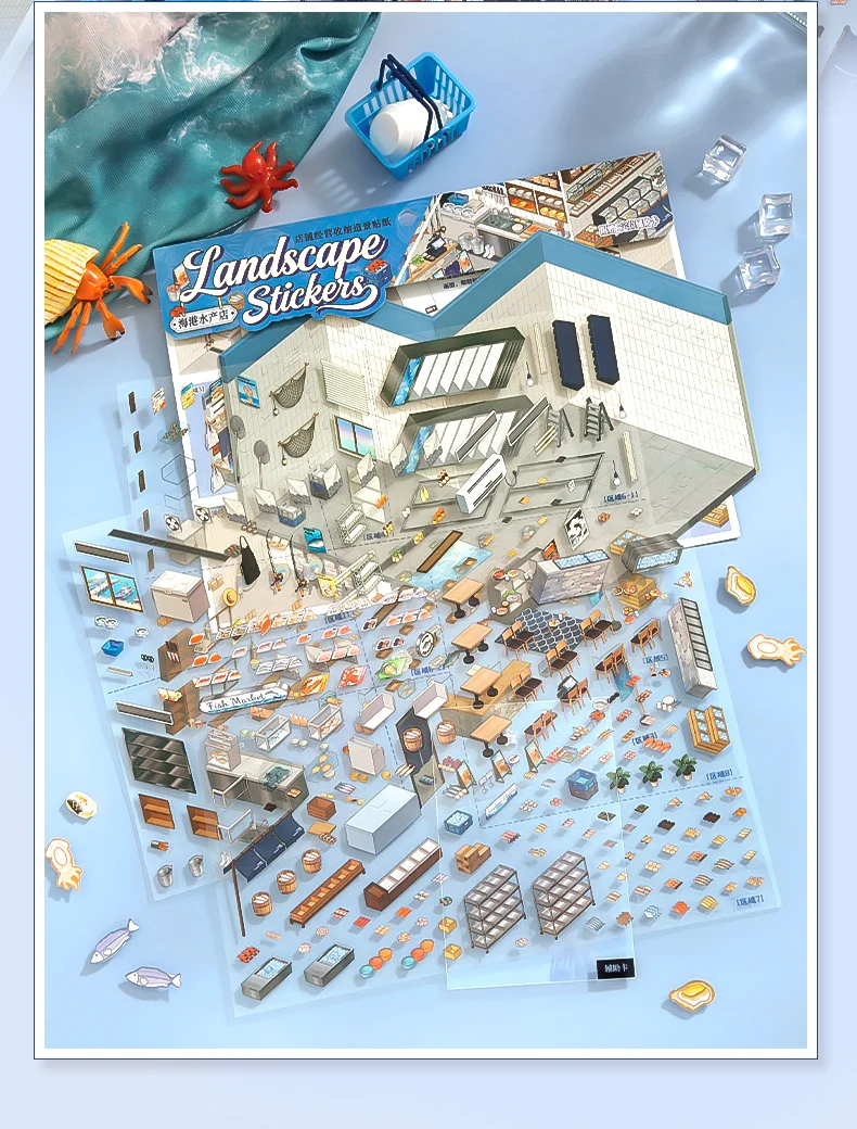 4 Stück 3D Stereo Shop Scene PET-Aufkleber, Mini-Haus-Journal-Aufkleber für Lebensmittelgeschäfte – Detail 12