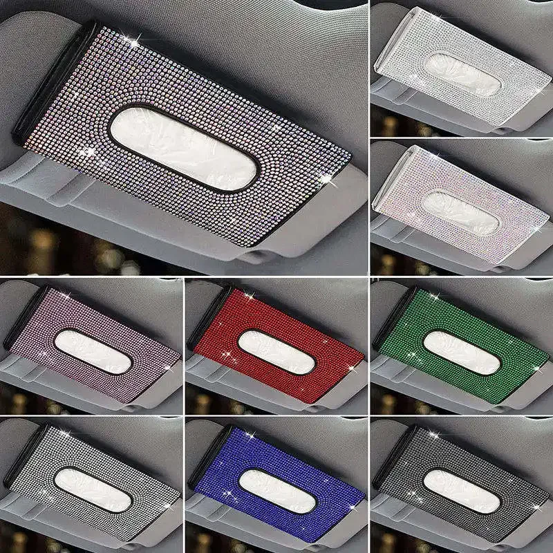 Shiny Rhinestone Crystal Car Tissue Holder Auto Sun Visor Napkin Tissue Holder Leather Backseat Case Holder Car Accessories