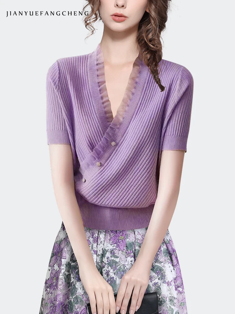 2024 Summer Designable Purple Cross V-neck Knitted Shirt Short Sleeve Western Style Slim Women Top Stretching Small Sweater