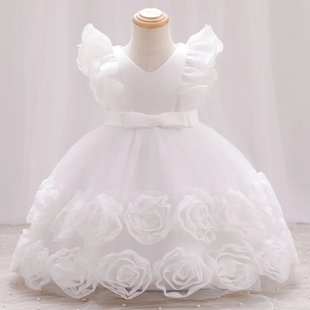 Flower Party Dresses For Girls Flying Sleeves Princess Birthday Puffy Dress Baby Girl Baptism Tutu Dresses Children Wedding Gown