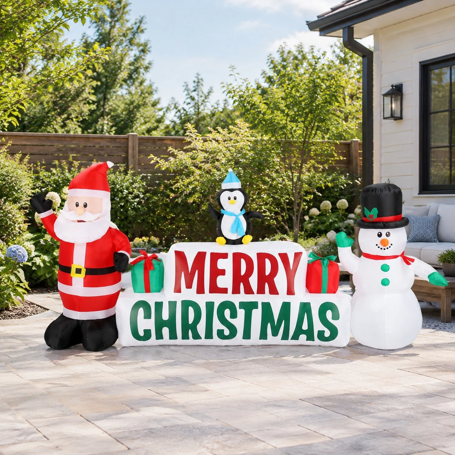 9.8 FT Lighted Christmas Inflatable Decoration, Santa Claus and Snowman Holding Merry Sign, Funny Blow Up Yard with Built-in LED