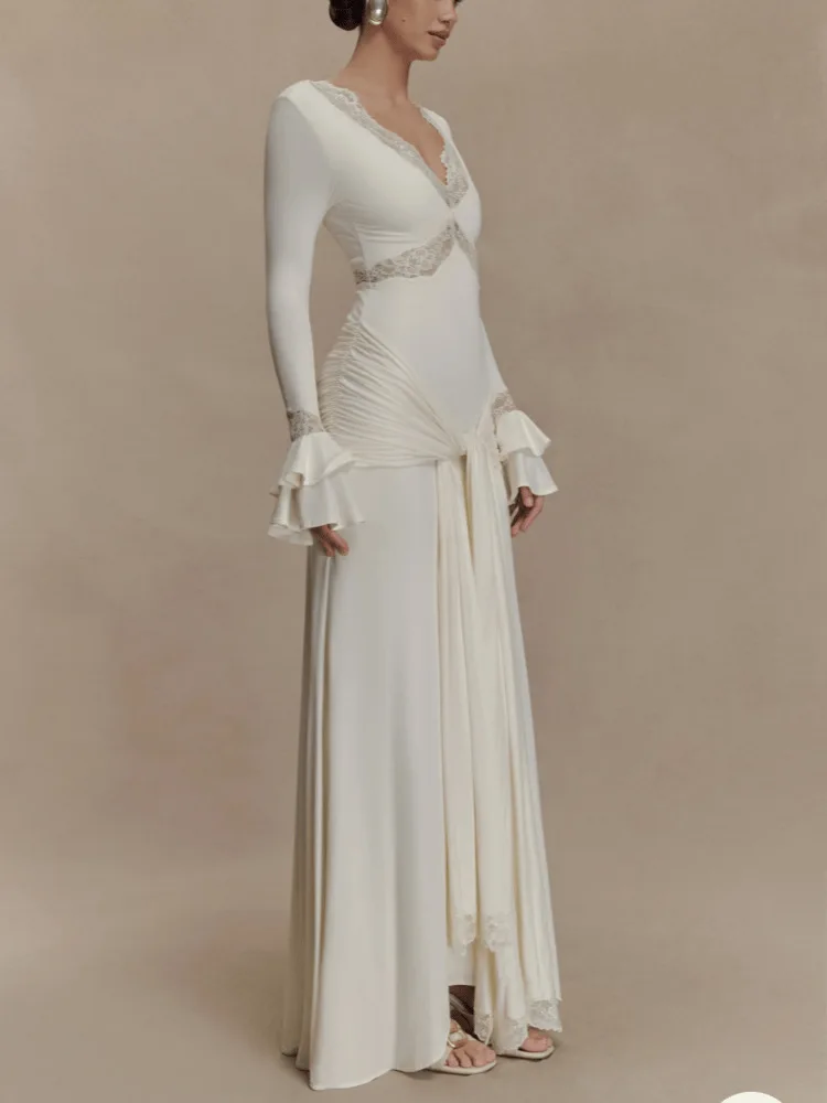2025 Autumn Long Sleeve Sexy Maxi Dress For Women Fashion Lace Patchwork V Neck Backless Draped Ruched Club Party Long Dress - Image 5