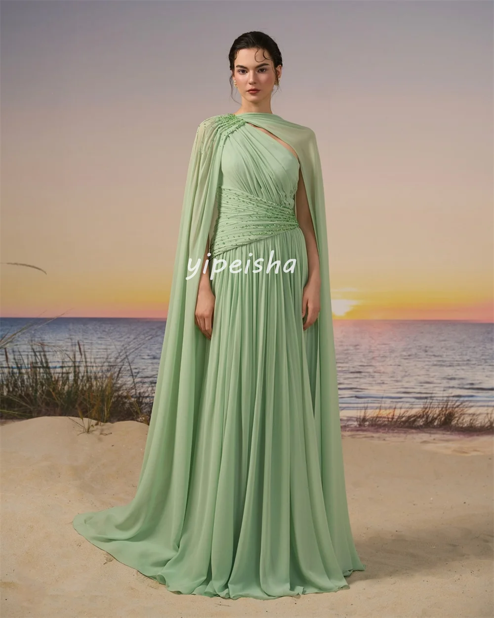 Customized Matching Fashion Chiffon Pleat Ruched Draped Beading Sequined A-line High Collar Long Dresses Evening Dresses Retro