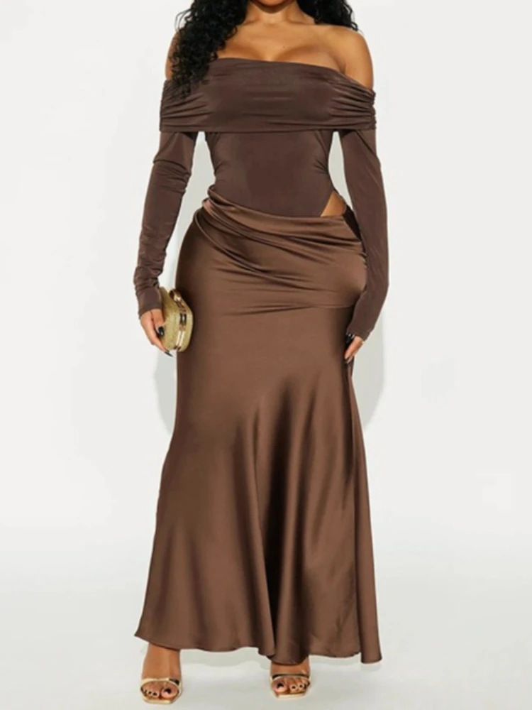 SsTss Vestido largo de manga larga con hombros descubiertos para mujer, elegante vestido con cuello oblicuo recortado, ajustado, de satén, con retazos, para fiesta de medianoche, 2025