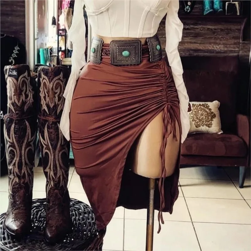 Sexy Draped Irregular Lace up Drawstring Folds Midi Skirt High Split Dress Women Clothes Office Lady Wrap Buttock Elegant Solid