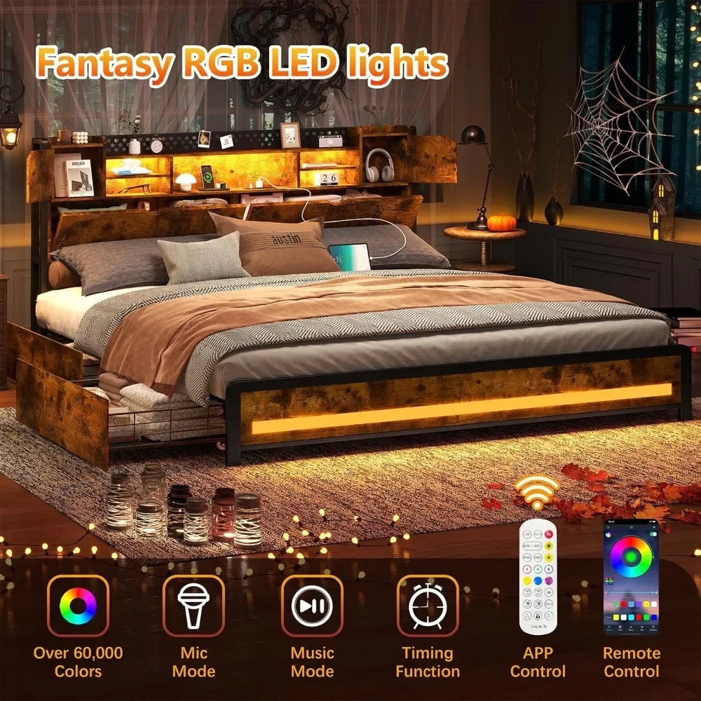 Bingkai tempat tidur ukuran King dengan stasiun pengisian daya (Port tipe-c & USB) & lampu LED RGB, papan kepala penyimpanan 3 tingkat dengan ruang penyimpanan tersembunyi