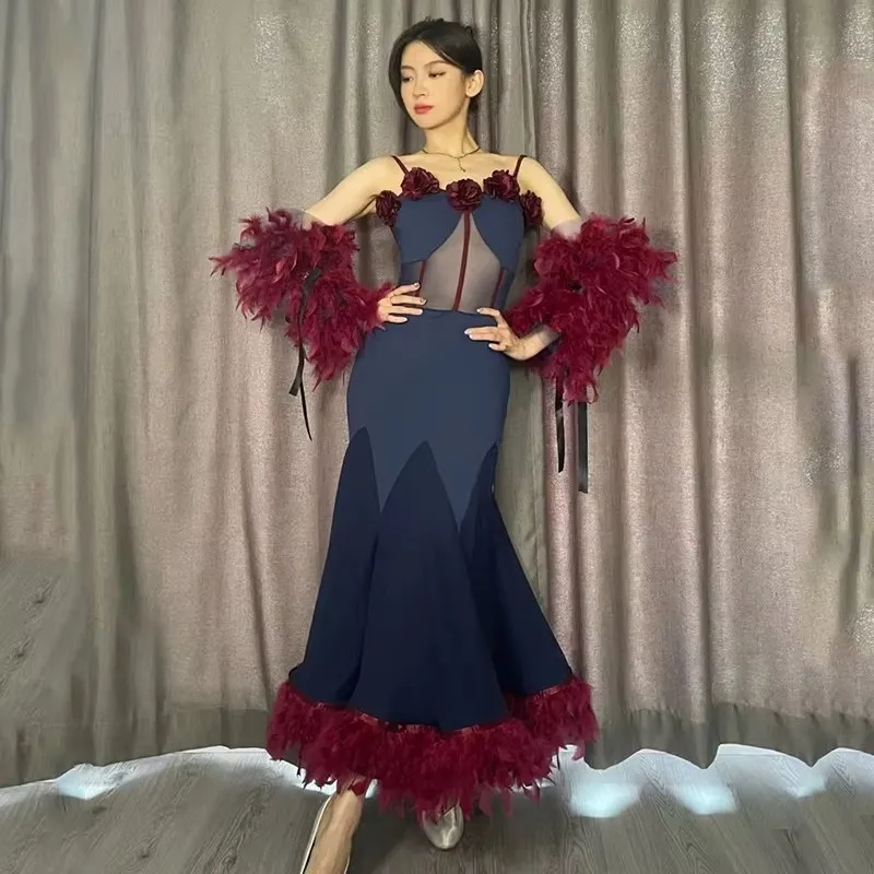 Vrouwen Nationale Standaard Dans Jurk Veren Mouwen Moderne Dans Kleding Sexy Backless Ballroom Danswedstrijd Jurk DN14480