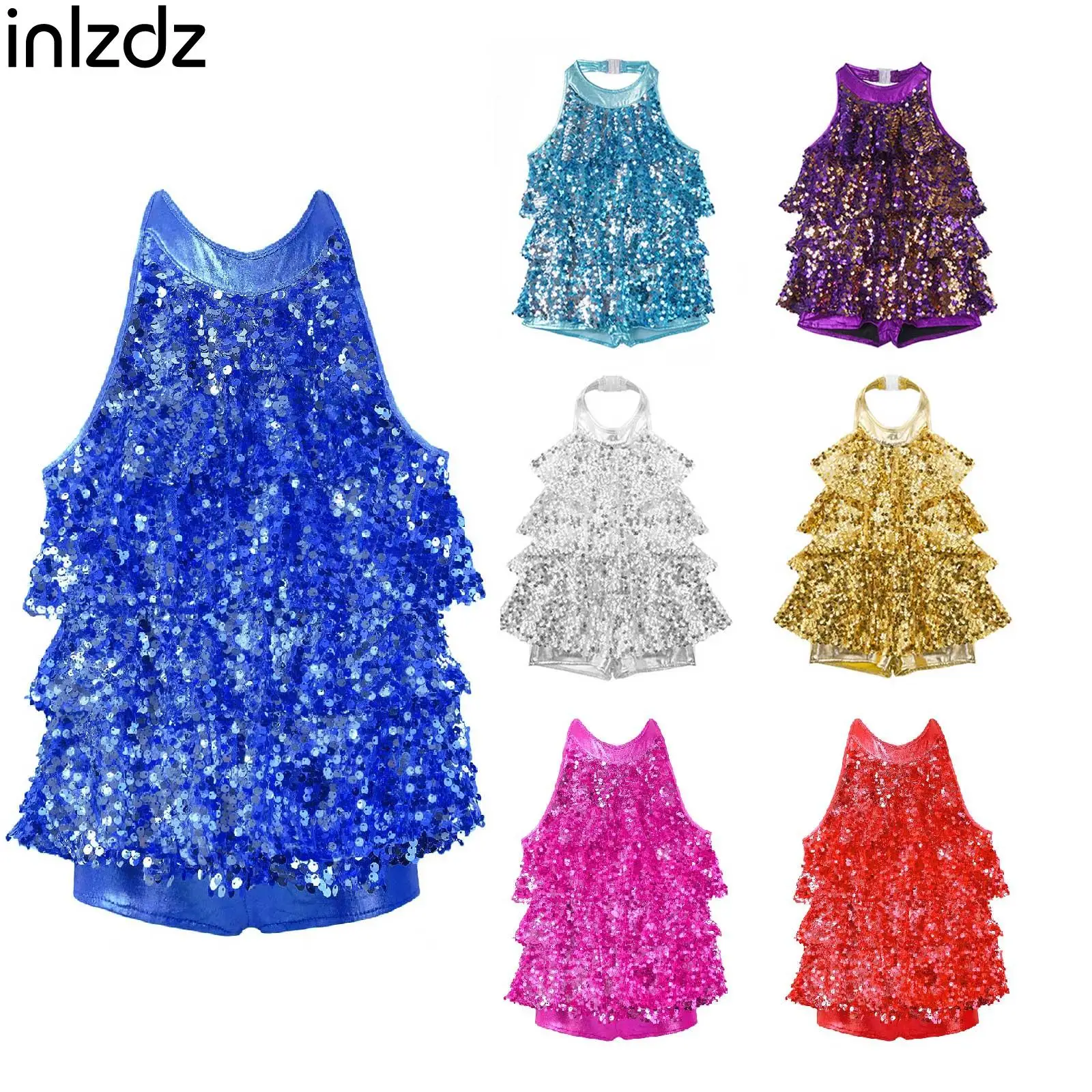 

Girls Kids Modern Jazz Latin Cha-cha Dancing Costumes Leotards Bodysuits Halter Shiny Sequins Ballet Dance Shorty Unitard Dress