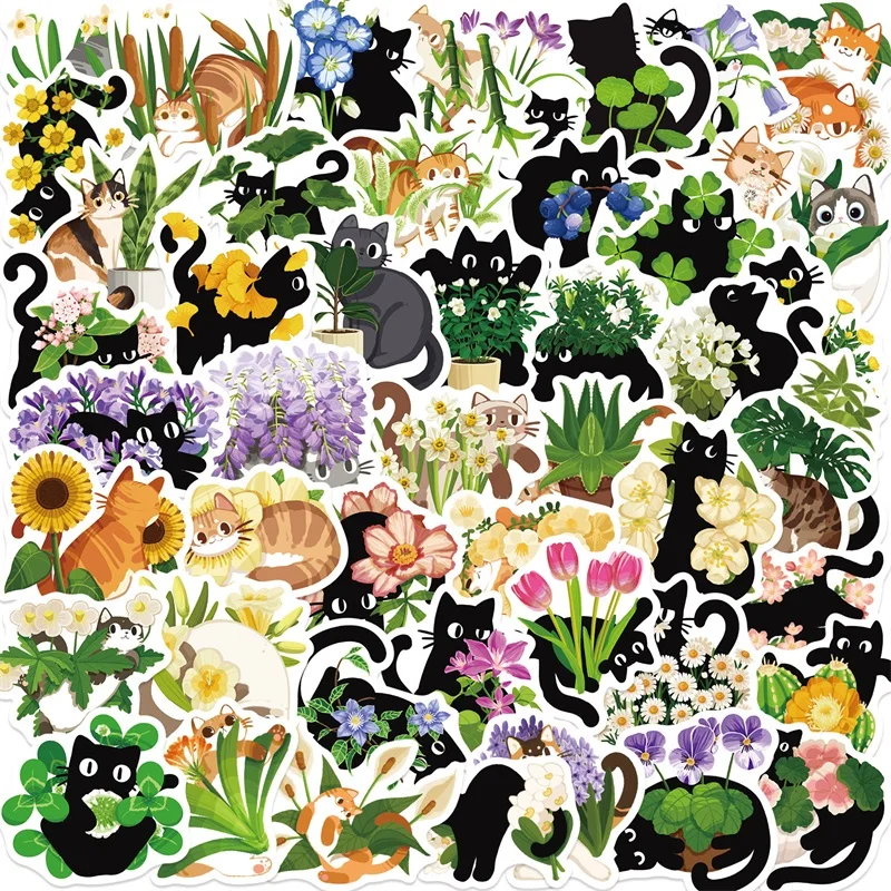 10/30/50PCS Cartoon Cat Plants Sticky PVC Sticker Aesthetic DIY Laptop Luggage Skateboard Decoration Scrapbooking