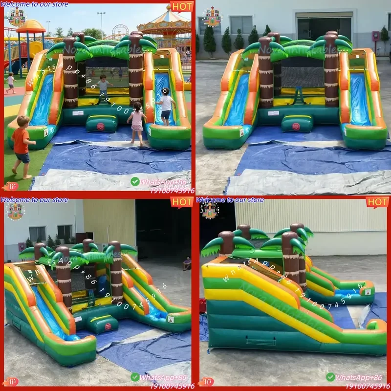 2026 Tropical Dual Lane Inflatable Slide & Jumping Moonwalk Combo-Commercial Grade PVC Includes Blower & Repair Kits