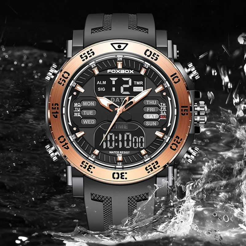 ساعة FOXBOX مزدوجة العرض للرجال، ساعة يد كوارتز رياضية عسكرية للرجال، مقاومة للماء، سيليكون تناظرية رقمية للرجال