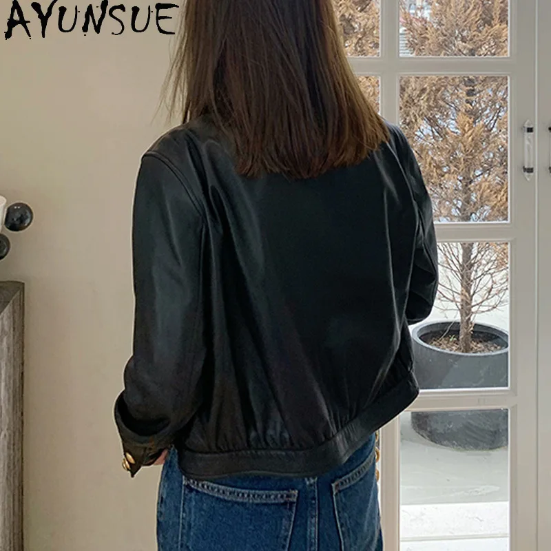 AYUNSUE Real Leather Jacket Women 2025 Chic Autumn Clothes Black Sheepskin Womens Coat Short Style Jaqueta Couro Single-breasted