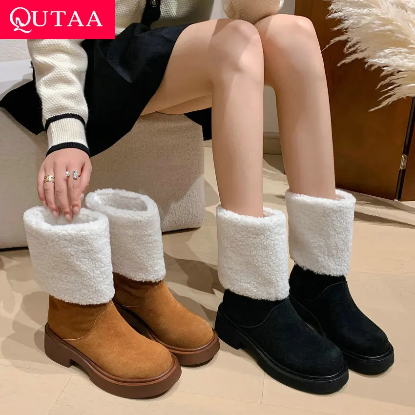 

QUTAA 2024 New Women Genuine Leather Snow Boots Med Heel Cow Suede Platforms Warm Winter Ankle Boots Plush Shoes WomanSize 34-40