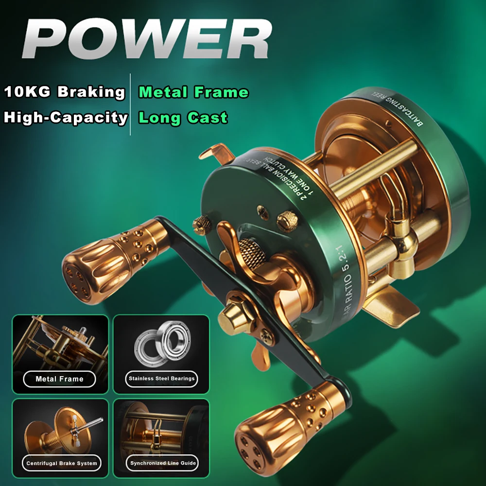 

Retro Green Slow-Pitch Reel 40L/60L 10kg Drag Sync Line Guide & Alarm for Jigging/Black Bass Fishing Saltwater-Proof Alloy Drum