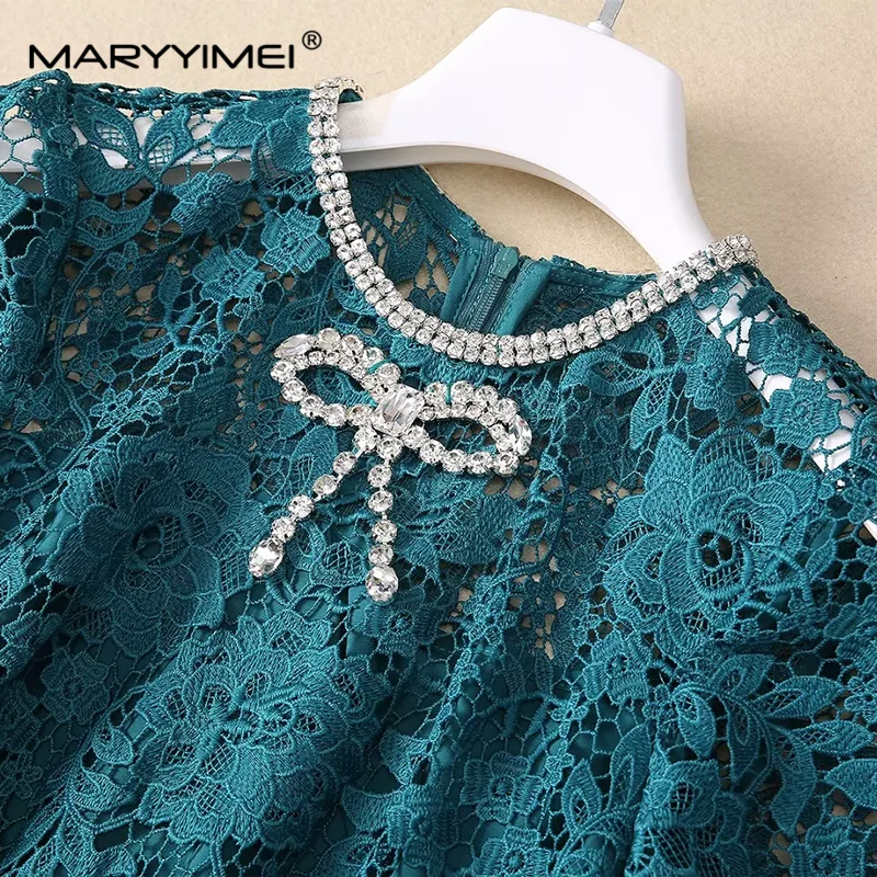 MARYYIMEI Fashion Design Women\'s Dress Summer Short-Sleeved High Waiste Diamond Chic Lace Hollow Out Vintage Solid Color Dresses