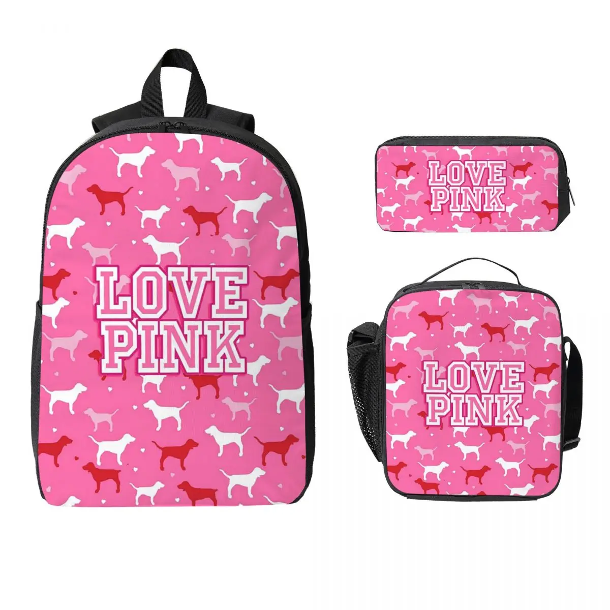 

Love Pink Backpack Student Boys Girls BookBag School Bag Laptop Shoulder Bags 3ps Insulated Lunch Bag Pencil Case