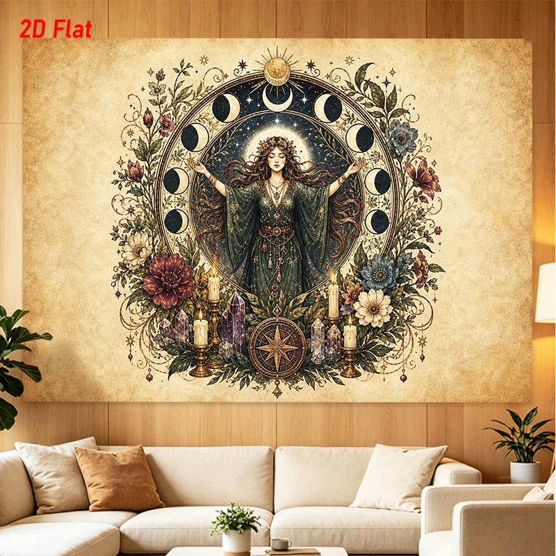 Mystic Celestial Tapestry Wall Hanging Boho Witchy Goddess Cosmic Floral Art Decor Print for Living Room Bedroom Polyester