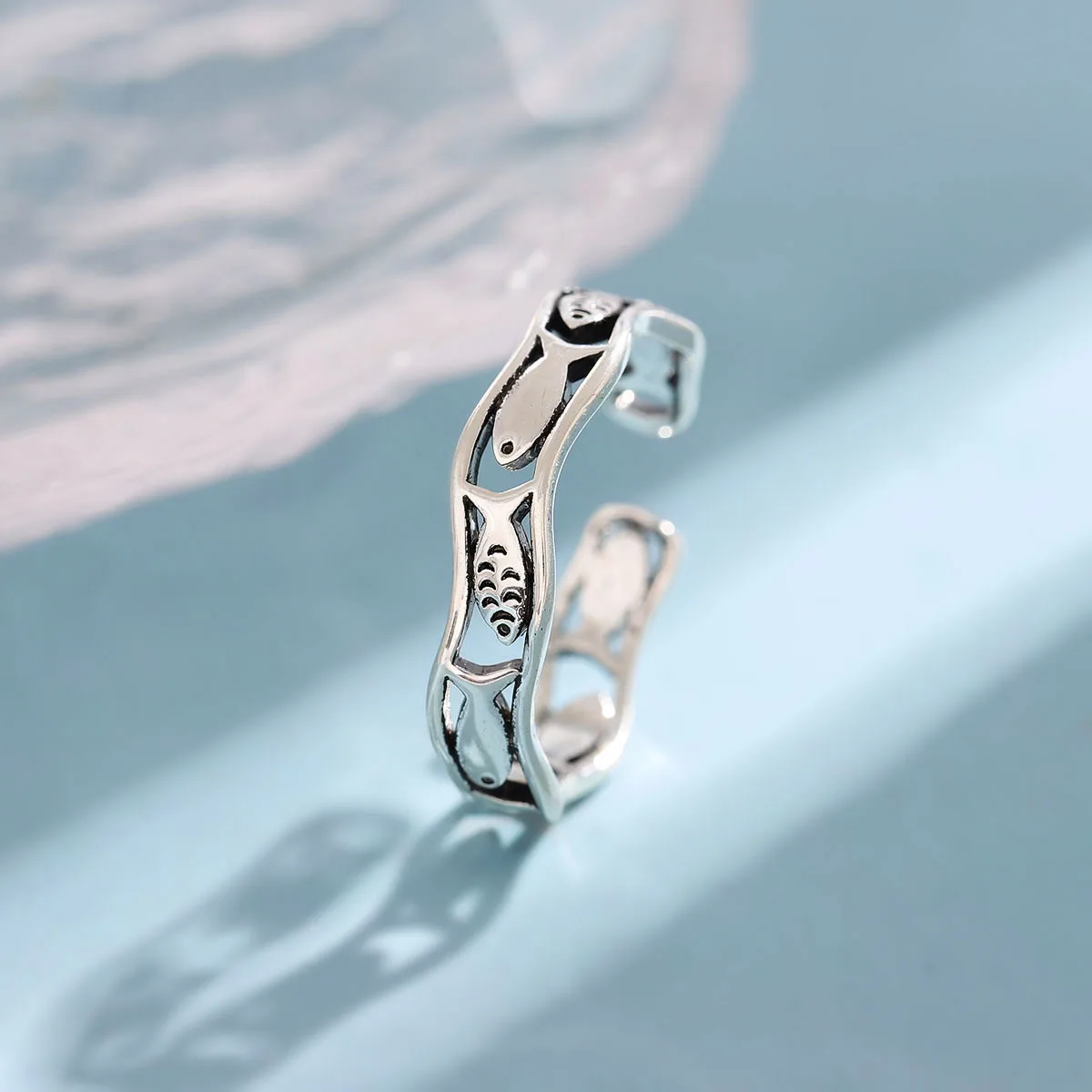Women's Retro 925 Sterling Silver Twist Fish Opening Ring