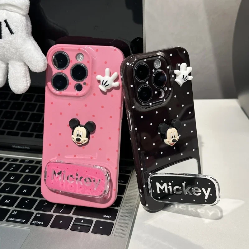 

Чехол для телефона с рисунком Микки Мауса, розовая основа с подставкой в красный горошек для iPhone 16, 15, 14, 13, 12, 11 Pro Max XR XS Max, полное покрытие