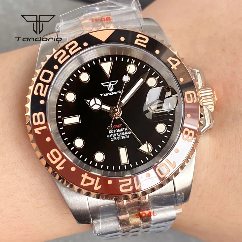 Tandorio NH34 GMT Fashion Men Automatic Steel Watch Dive Two Tone Mechanical Wristwatch Sapphire Crystal Date Rose Gold Luminous