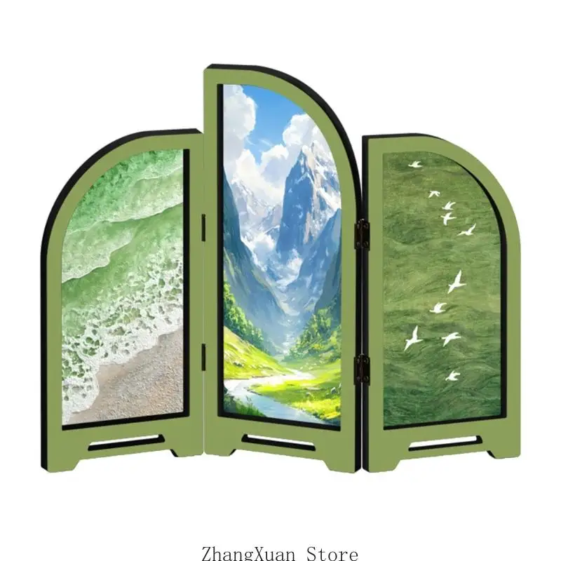 Retro Mini Folding Screen 3 Panel Divider Feng Shui Ornament Oriental Gift 3XUF – Detail 9